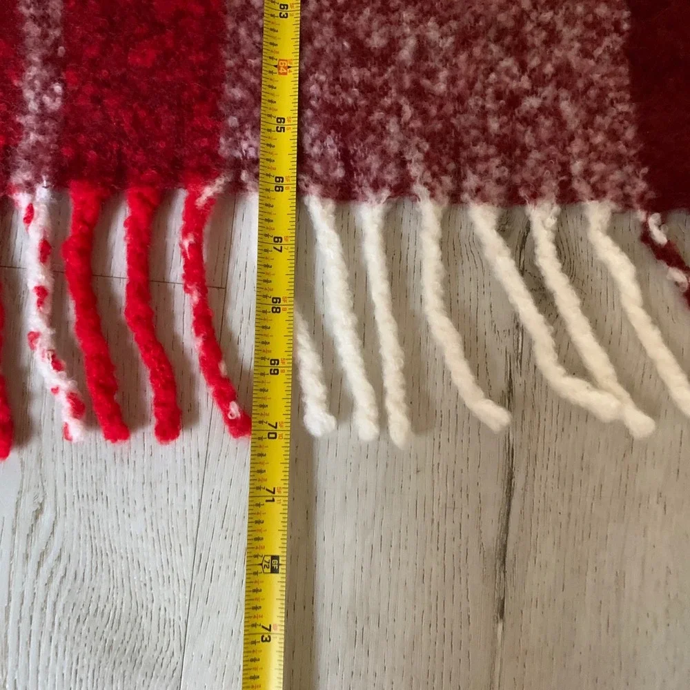 STRIPES HBC Red Plaid Wool Blend Fringe Throw Blanket 59x46‎ hme decor